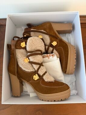 See By Chloe Karla Shearling Block Heel Boots Size 41